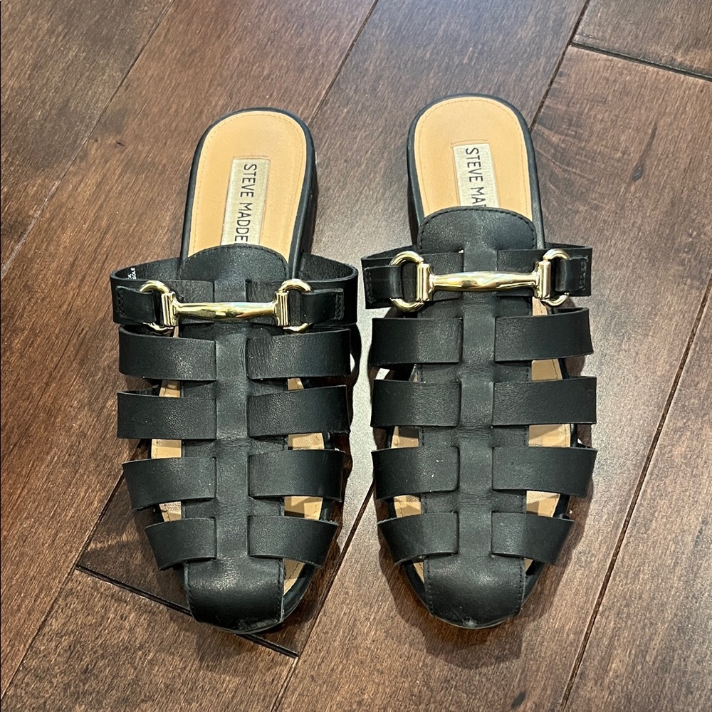Steve Madden Black Woven Mules with Gold Accent